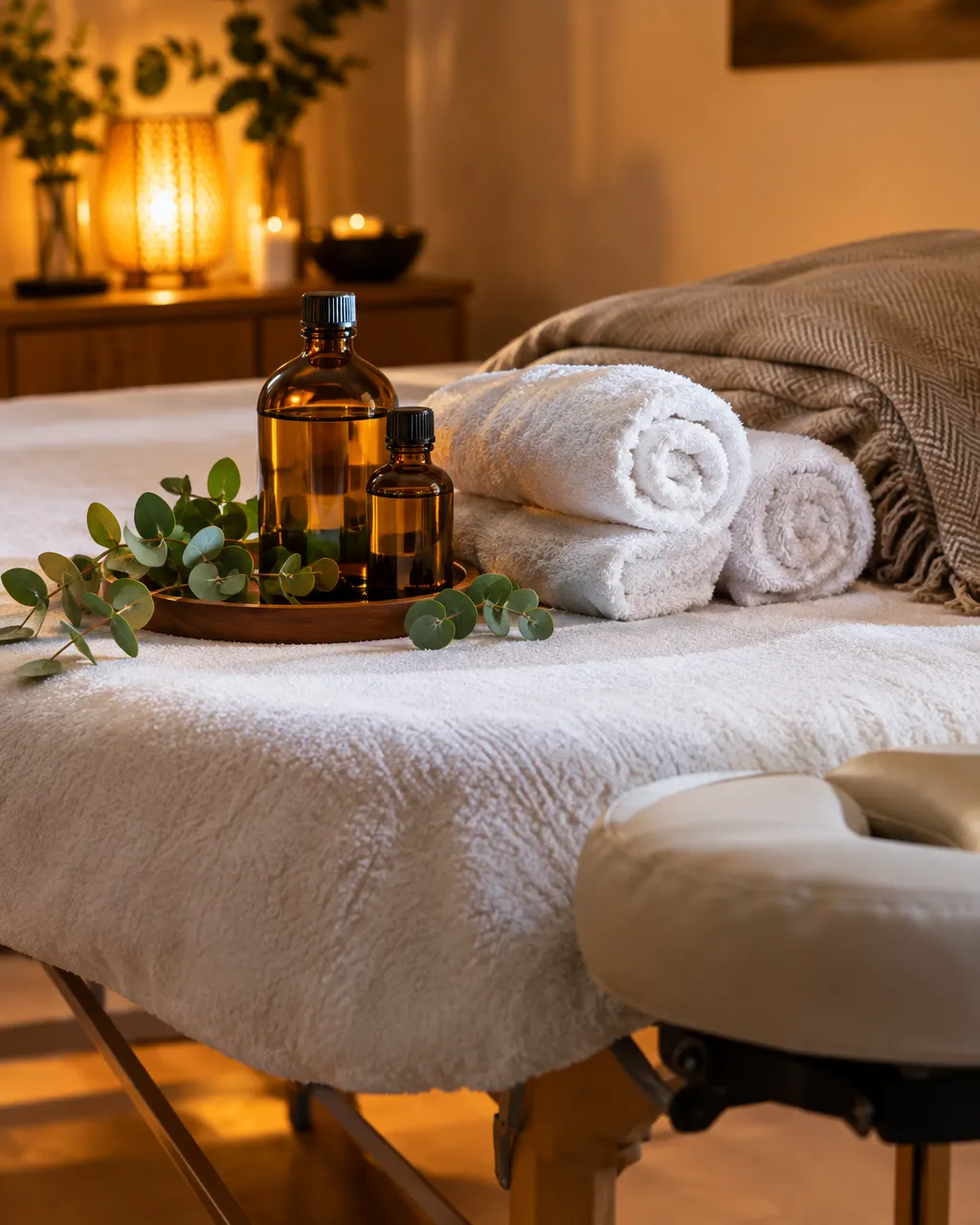 Massageöle, Handtücher und Decke auf der Massageliege