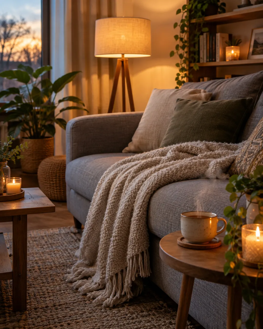 Gemütliches Sofa mit Decke und Tee im Abendlicht